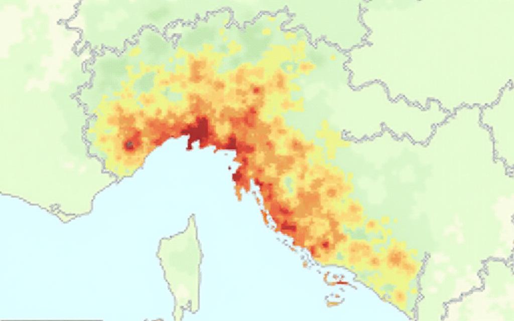 Mappa del Lazio con aree di rischio idrogeologico evidenziate