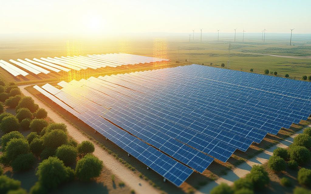Render di un parco fotovoltaico con dati di insolazione